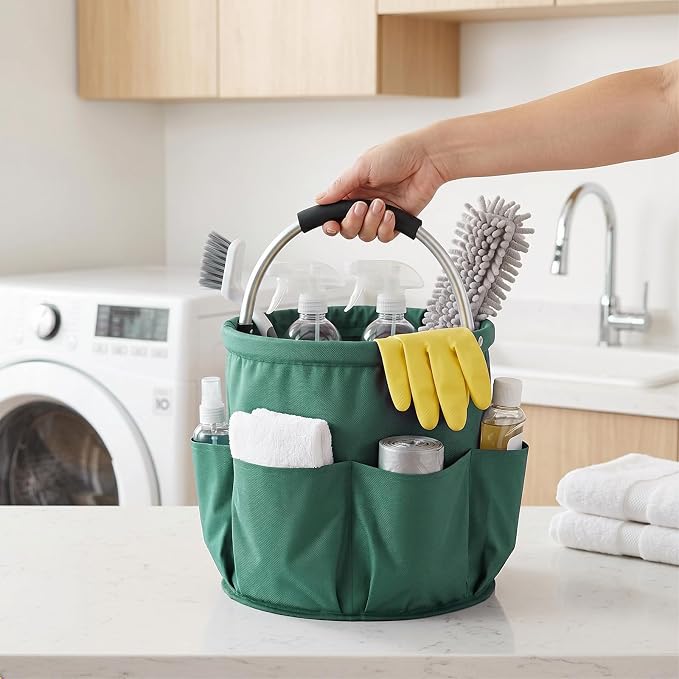 Cleaning Caddy with Handle, Large Supply Organiser 17L with 6 Pockets, Cleaning Products Organiser, Foldable Storage Basket, Portable Cleaning Caddy for Home (Green) - Image 5