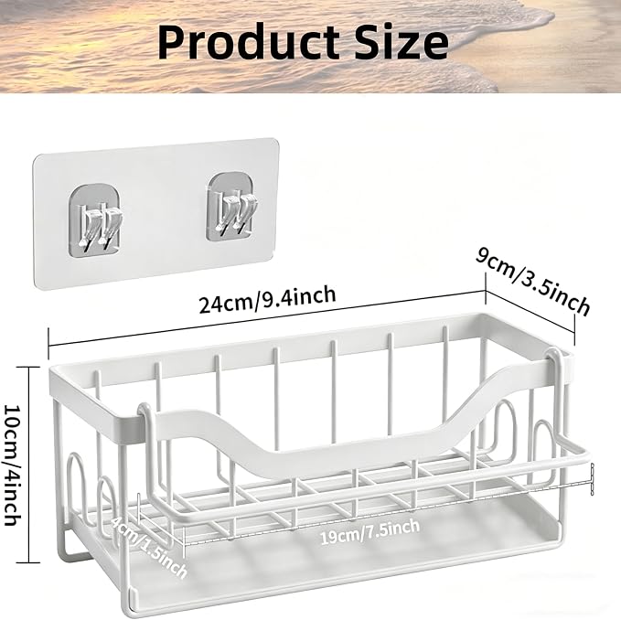 Sponge Holder for Kitchen Sink - Sink Caddy Organizer with Auto Drain Tray, Detachable Towel Rack, Stainless Steel Kitchen Counter Organizer Rack (White) - Image 3