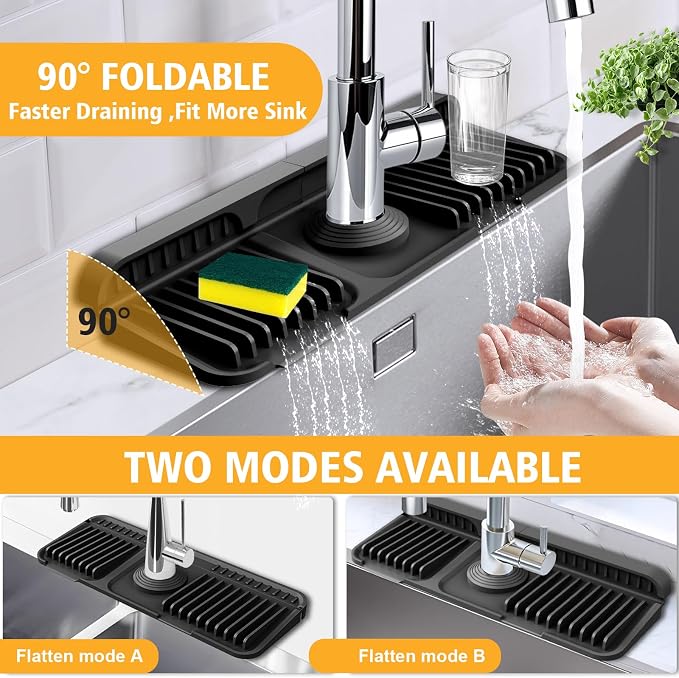 14.6-Inch Kitchen Sink Splash Guard Mat | 7° Slope for Fast Self-Draining | Snap-Lock Design | Universal & Cuttable Silicone Faucet Mat BLACK - Image 5