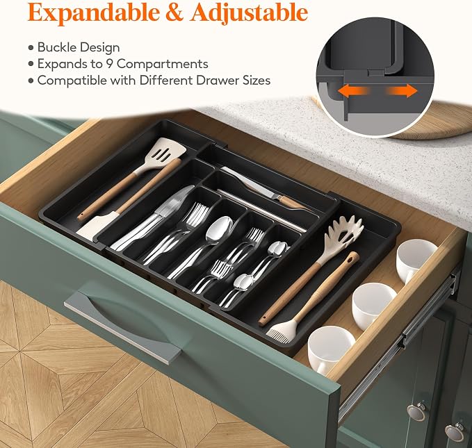 Lifewit Utensil Organizer for Kitchen Drawer, Expandable Cooking Silverware Tray, Adjustable Cutlery Flatware Holder, Plastic Spatula Tools Storage Divider, 13-22.4 x 15", Black - Image 4