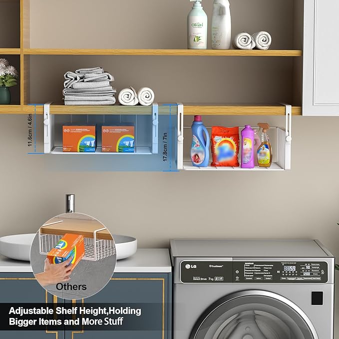 AmonHouseware 2Pack Under Shelf Basket Storage,Adjustable Hanging,White | Under Cabinet Shelf Add-on, Slide-in Baskets,Organizer for Laundry Room Kitchen Pantry Desk Bookshelf Counter Cupboard - Image 3