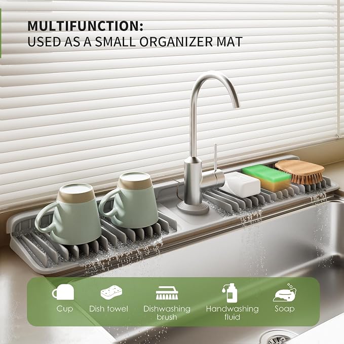 24 Inch Longer Silicone Faucet Mat, 7°Slope Fast Self-draining | Faucet Mat for Kitchen Sink, Silicone Sink Splash Guard, Fast Drying Tidy Faucet Mat Splash Guard - Image 2