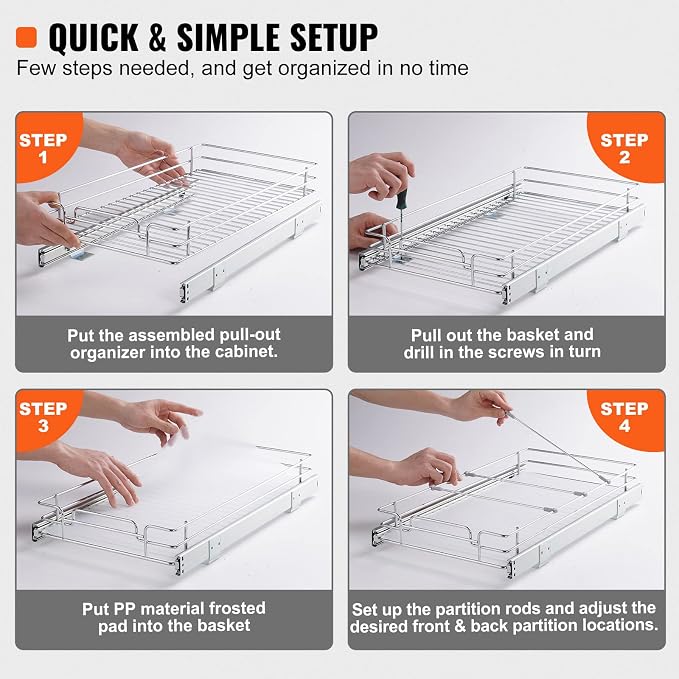 VEVOR 12.5"Wx16.5"Dx3.5"H Pull Out Cabinet Organizer, Heavy Duty Slide Out Pantry Shelves, Chrome-Plated Steel Roll Out Drawers Storage, for Home, Under Sink, 14"Wx17.5"Dx7"H Install Size for Cabinet - Image 5