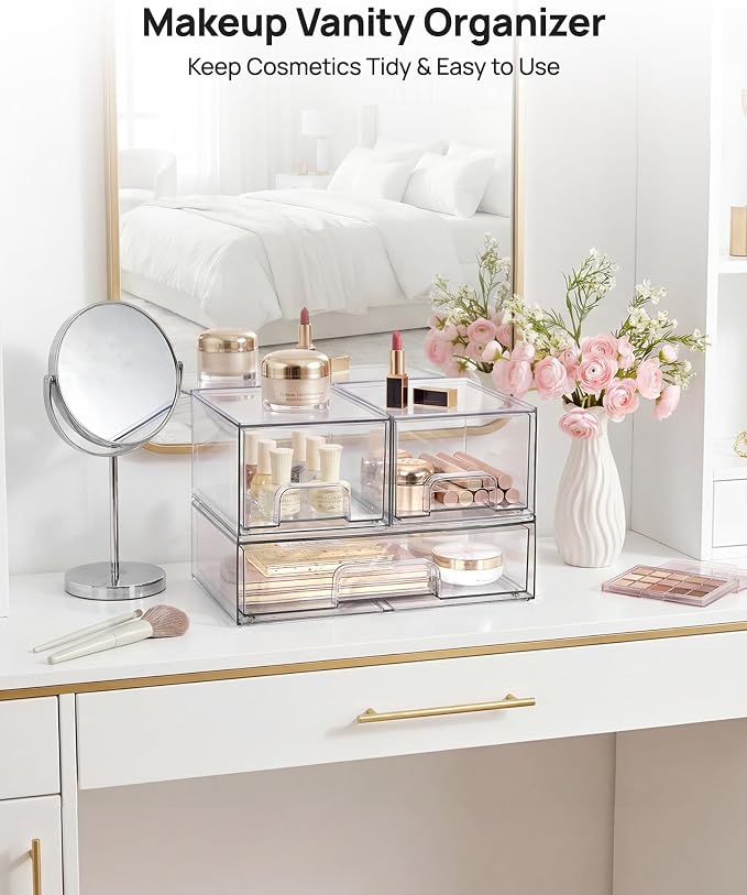 Vtopmart Clear Stackable Storage Drawers Set of 5, Plastic Organizer Bins | Multi-purpose Boxes for Makeup, Beauty Supplies, Ideal for Vanity, Bathroom Countertop, Undersink, Cabinet Organization - Image 4