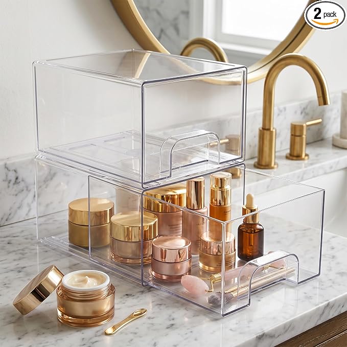 2 Pack Small Clear Stackable Storage Drawers | Acrylic Bathroom Makeup Organizer Plastic Storage Bins For Vanity Undersink Kitchen Cabinets Pantry Home Organization by Unknown