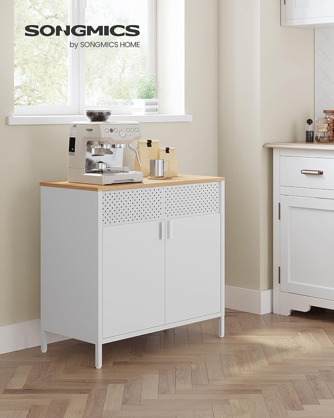 SONGMICS Set of 2 Storage Cabinets, Metal Cabinet, Sideboard with 2 Doors, 15.7 x 31.5 x 29.9 Inches, Magnetic Closure, Adjustable Shelf, Steel Frame, Natural Beige and White ULSC791W01 | Metal Cabinet, 15.7 x 31.5 x 29.9 Inches, Magnetic Closure, Adju... - Image 2
