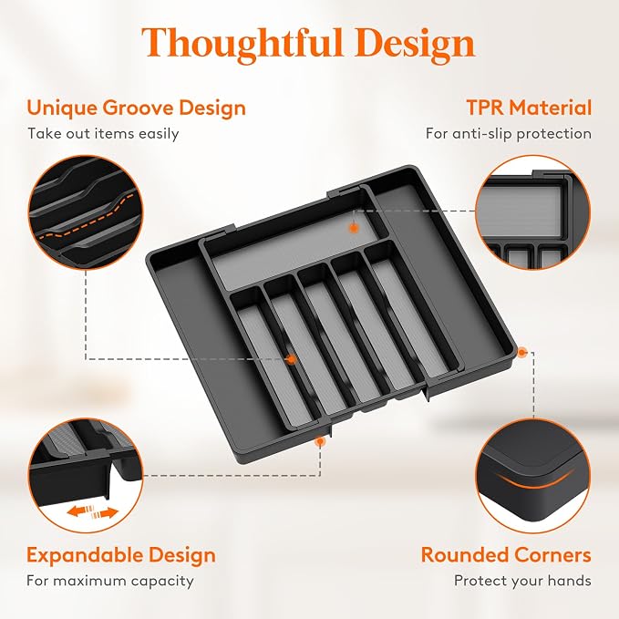 Lifewit Extra Large Silverware Drawer Organizer, Expandable Utensil Tray | BPA Free Flatware Cutlery Holder for Kitchen, Adjustable Plastic Storage for Spoons Forks Knives, 13-22.4 x 16.7, Black Gray - Image 2