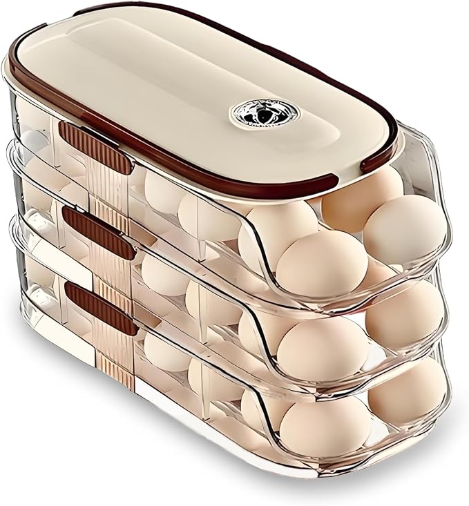 3-Tier Auto Rolling 42 Egg Holder for Fridge, Lid & Handle | Clear Stackable Refrigerator Organizer, 7-Degree Slope Dispenser, Timed Freshness, Detachable Height, Countertop Container by ShuNuac