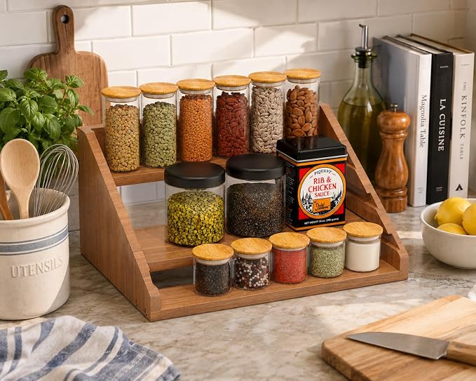 Solid Wood Spice Rack Organizer for Countertop & Cabinet, 4 Tier Adjustable Wooden Spice Shelf with Sliding Track, Premium Step Seasoning Bottle Holder for Kitchen, Pantry & Office, Walnut Brown - Image 6