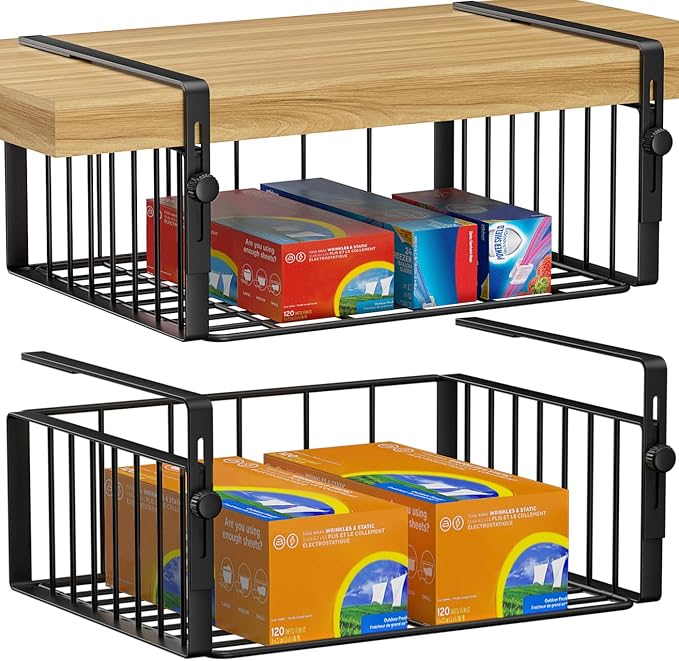 AmonHouseware 2Pack Under Shelf Basket Storage,Adjustable Hanging,Black | Under Cabinet Shelf Add-on, Slide-in Baskets,Organizer for Laundry Room Kitchen Pantry Desk Bookshelf Counter Cupboard by AmonHouseware