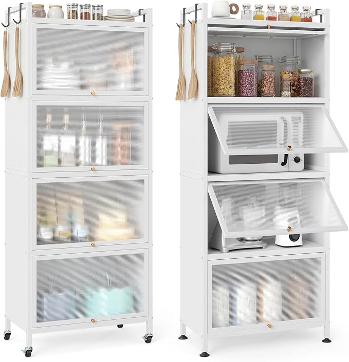 GIANTEX 5-Tier Kitchen Storage Cabinet, 4 PC Doors, Rolling Wheels, White | Mobile Metal Pantry Cabinet with 4 Hooks & Adjustable Feet, 60" Baker's Rack Microwave Stand for Dining & Living Room by Giantex