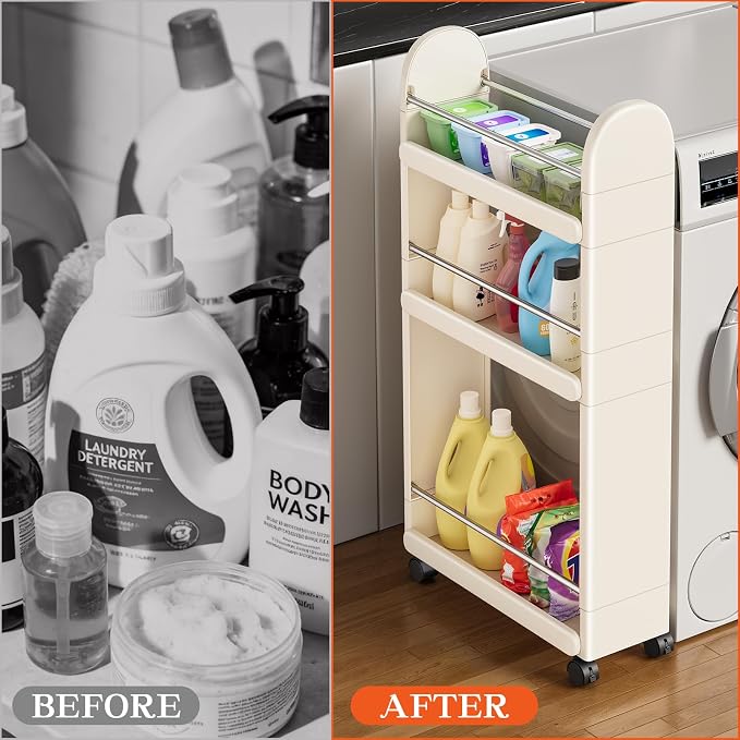 MiaLi 3 Tier Slim Storage Cart with Wheels, 1 PCS Colours Utility Slim Cart with Plastic, Adjustable Size for Laundry Kitchen Bathroom Narrow Places, Easy to Clean, Space Saving (Colours) - Image 5