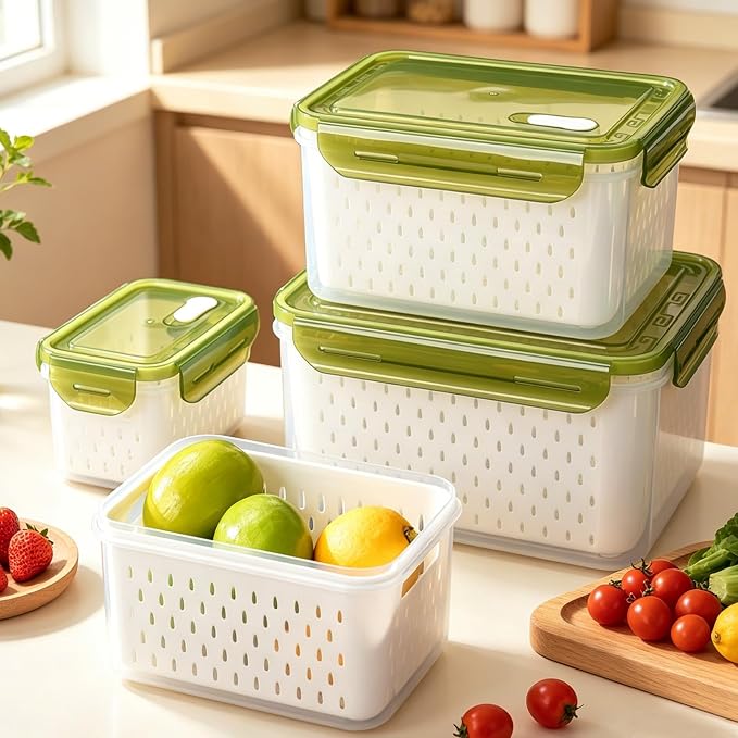 TBMax 8 Pieces Airtight Fruit Storage Containers for Fridge with Air Circulation Vent, 4 Pack Produce Saver with Colander for Berry Lettuce Salad Vegetable Storage, Refrigerator Organizers- Green - Image 8
