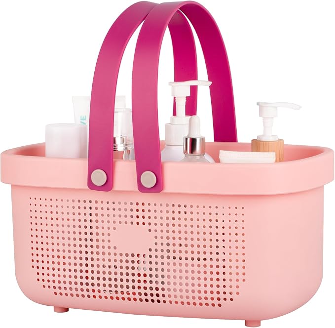 Portable Shower Caddy Basket with Handles Plastic Storage Basket Light Pink | Sturdy Drainage Large Capacity Organizer Basket with Silicone Handles for Bathroom Kitchen Bedroom College Dorm Essentials by JiatuA