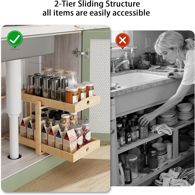 2 Pack Bamboo Under Sink Organizer, 2-Tier Pull-Out Drawers, Kitchen & Bath | Pull-out drawers keep cleaners and tall bottles visible, organized and easy to reach in kitchen or bathroom cabinets - Image 7