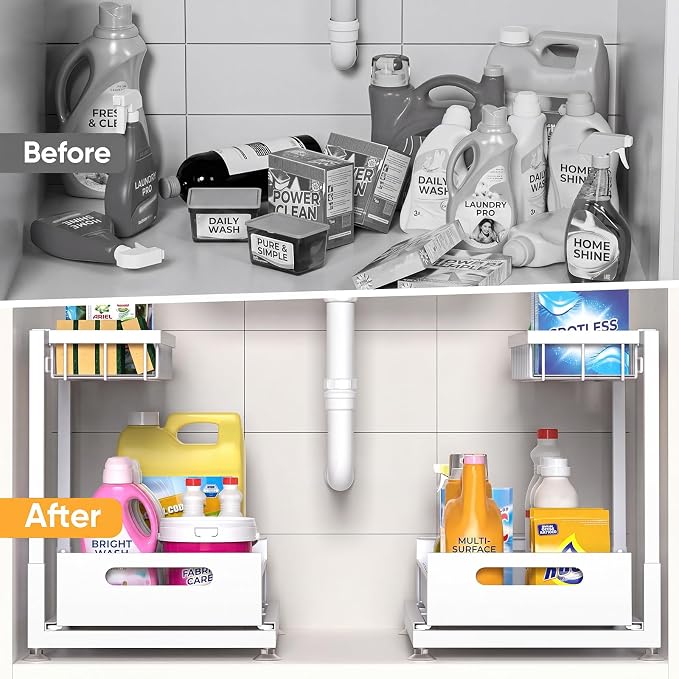 L-Shaped Under Sink Organizer, 2-Tier Pull-out Cabinet Rack 1-Pack | White Height-Adjustable Steel Rack, Sliding Grid Drawers with PP Liners, Holds 100 Lbs, Suction Base, Ideal Kitchen Storage - Image 3