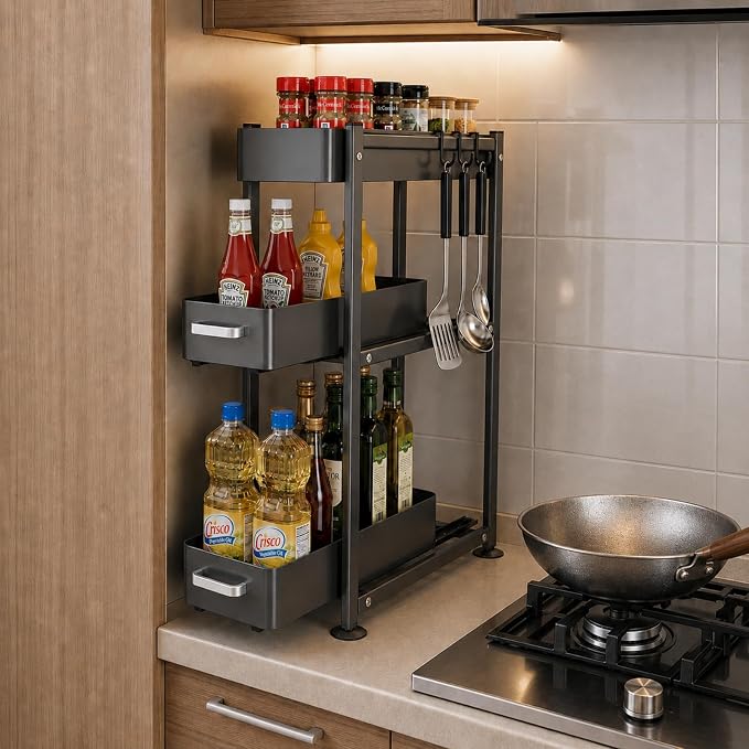 3-Tier Countertop Organizer, Pull Out Spice Rack, Transforming a Cramped, Unusable Space Into a Storage Area, With Suction Cup Feet and 4 Hooks, For Tall Bottles, Condiments and Spices by Unknown