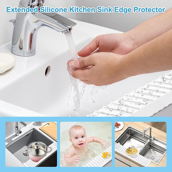 Silicone Sink Edge Protectors 4" x 24", Upgrade Kitchen Sink Splash Guards With Suction Cup, Splash Guard For Bathtub Sink, Countertop Protectors For Quartz Kitchen Sink（Transparent White） - Image 6