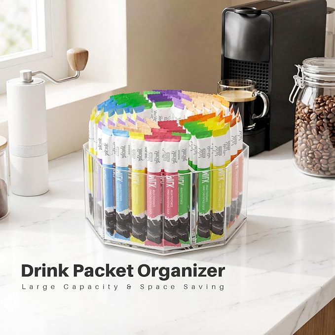 Divided Drink Packet Organizer, Octagonal 5 Compartment Clear Lazy Susan | Lazy Susan Turntable, Rotating Storage Organizer for Powdered Drink Mix, Water Flavor Packets, Coffee, Tea, Spices - Image 5