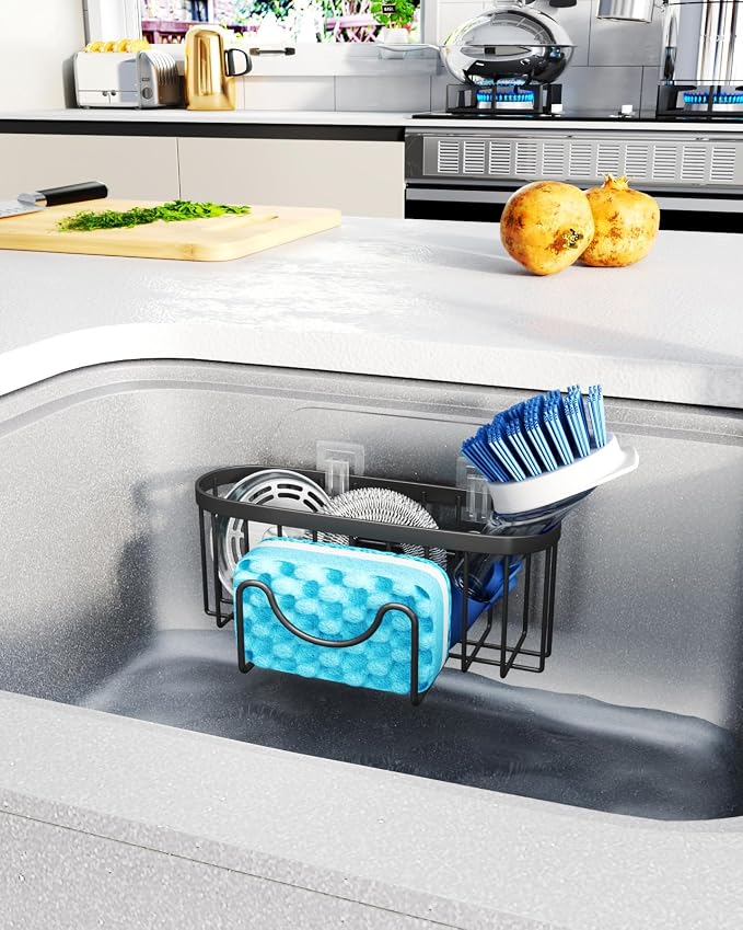 HapiRm Kitchen Sponge Holder for Sink - 2 Installation Methods Kitchen Sink Caddy Organizer with Unique M-Shaped, Rustproof Stainless Steel Sponge Caddy - Black（Large） - Image 7
