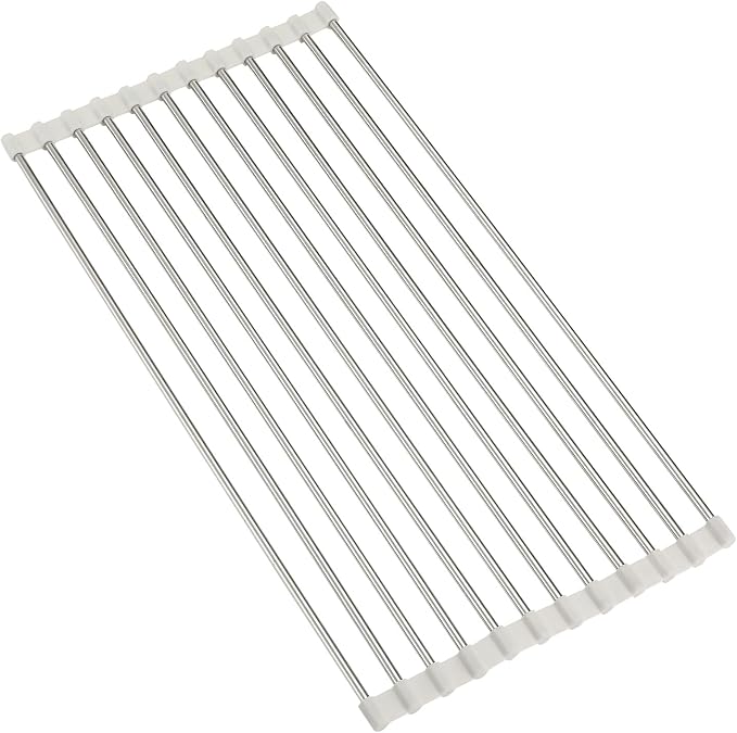Roll Up Dish Drying Rack, Over Sink Multipurpose Rack, 17.6" x 9.3" Stainless Steel Foldable Dish Drainer, White - Image 3