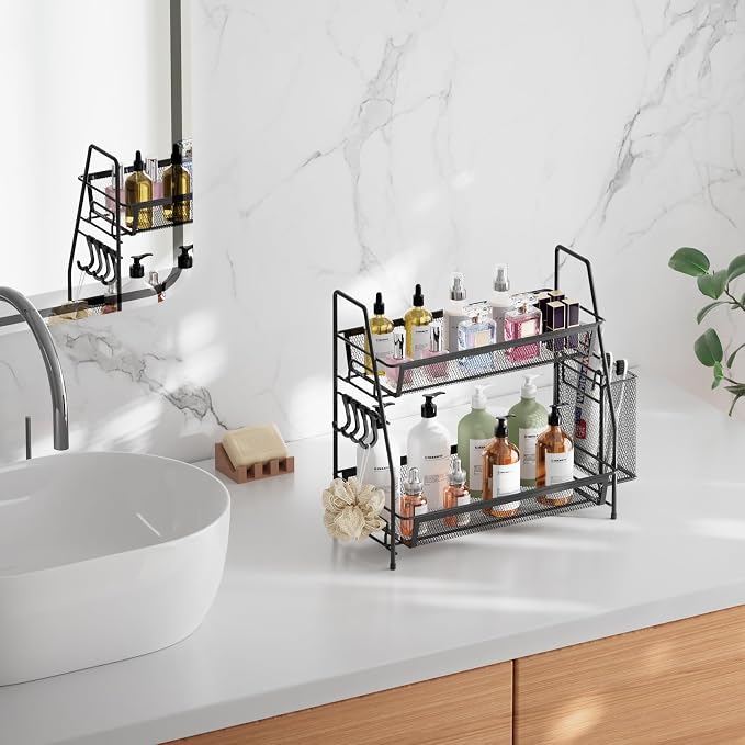 2 Tier Bathroom Countertop Organizer, Vanity Storage Shelf, Small, Black | Bathroom Counter Organizer, Vanity Makeup Tray Shelf, Kitchen Spice Rack, Metal Wire Mesh, with Basket Hooks - Image 3