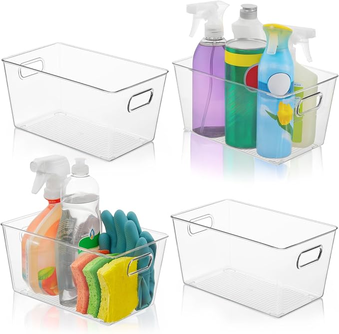 Set of 4 Clear Plastic Storage Bins With Handles, Containers To Organize Pantry, Fridge, Cabinet, Kitchen, Countertop, Closet, Cupboard, Home Organization and Storage by FAIRHOME