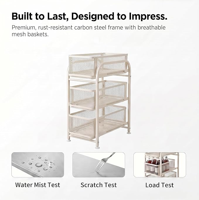 3 Tier Under Sink Organizer, Pull Out Cabinet Storage Organizer with Sliding Mesh Drawers, Heavy Duty Metal Under Sink Storage for Kitchen, Bathroom, Cabinet, Small Space, White, 1 Pack - Image 6