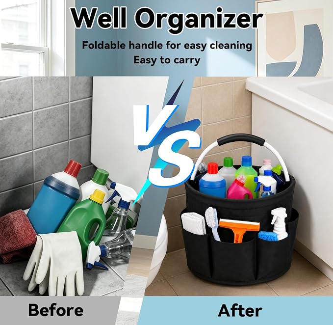 UFORU Cleaning Caddy with Handle, 17L Foldable Organizer with 6 Pockets | 600D Oxford Fabric, Durable, Waterproof, Large Capacity, Space-Saving Foldable, Multi Cleaning Bucket Bag for Home, Garden - Image 3
