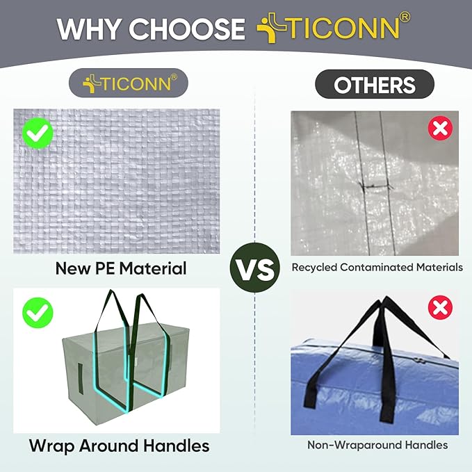 TICONN 4 Pack Extra Large Moving Bags Heavy Duty with Zippers & Carrying Handles, Durable Storage Bags Moving Boxes for Closet Organizers and Storage (4 Pack, Olive) - Image 4