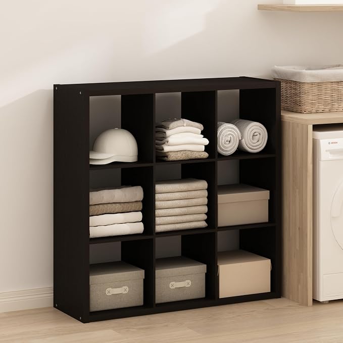 Furinno Simple 9-Cube Storage Organizer, Extra Thick Frame, Black Oak | Open Back, Display Shelf, Shelving Unit, Storage Shelves, for Organization, Living Room, Home Office by Furinno-FitsYourSpaceFitsYourBudget