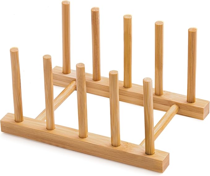 Bamboo Dish Drying Rack for Kitchen Counter & Cabinet (4 Slots) | Detachable Dish/Book/Plate/Bowl/Cup/Cutting Board/Pot Lid Organizer for Kitchen, Living Room, Study, Display Cabinet by Oyydecor