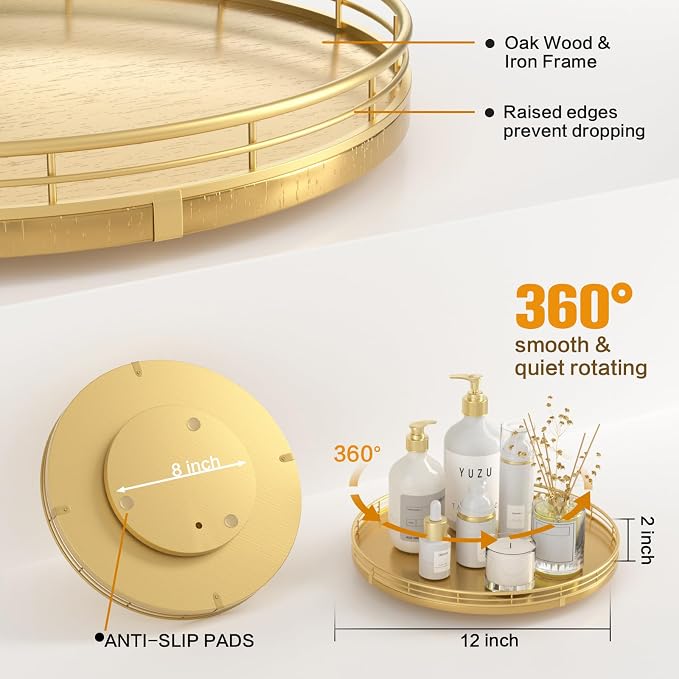 Oroyutor 12-Inch Oak Lazy Susan Decorative Tray with Gold Metal Rail | Rotating oak tray organizes spices, toiletries and decor on kitchen counters, bathroom vanities, dining and coffee tables. - Image 2
