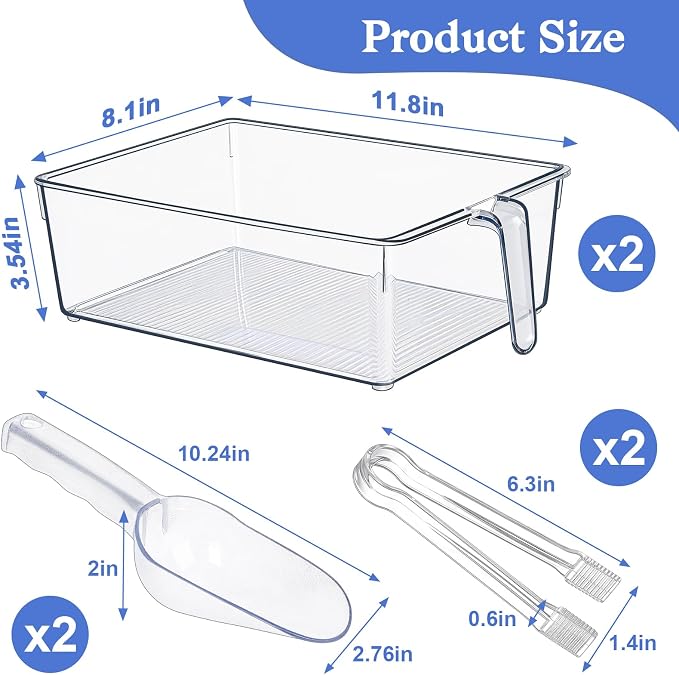 DGB 2 Sets Clear Ice Bucket for Freezer, Ice Storage Bin & Holder | Freezer Ice Bin, Pull-Out Handle, Ice Cube Container, Scoop & Tongs, Home Bar, Fridge Organization,11.8 x 8.1 x 3.54 Inches - Image 2