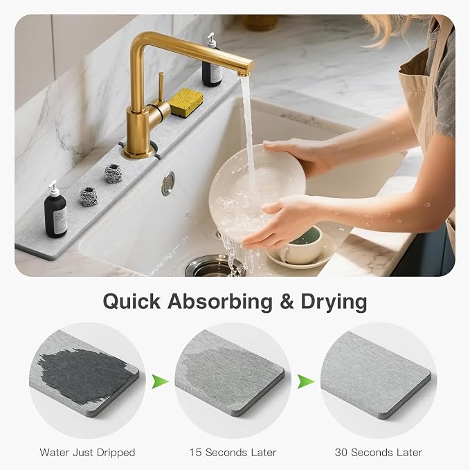 Premium Stone Faucet Mat for Kitchen Sink, 30" x 4" Light Gray | Quick Drying & Water Absorbent, Sink Splash Guard Tray for Prevents Moisture Buildup - Image 3