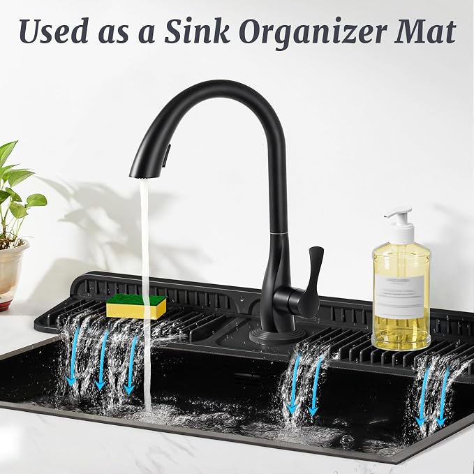 PoYang 24 Inch Faucet Mat for Kitchen Sink Splash Guard, Silicone, Black | Sink Protectors with 7° Slope for Smooth Drainage, Snap Button Holds It in Place, 90° Foldable & Cuttable Hole Fit Most Sinks - Image 6