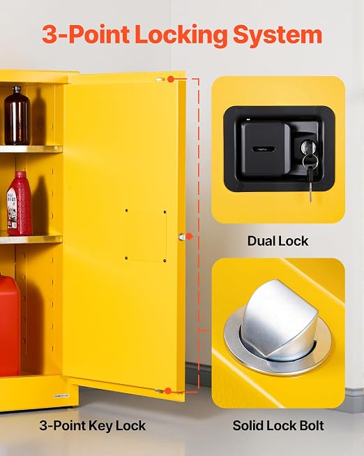 VEVOR Flammable Cabinet 18" x 43" x 46", 29 Gallon Flammable Storage Cabinet with Adjustable Shelf, Cold-Rolled and Galvanized Steel Fire Cabinets, for Commercial Industrial Home Use, Yellow - Image 6