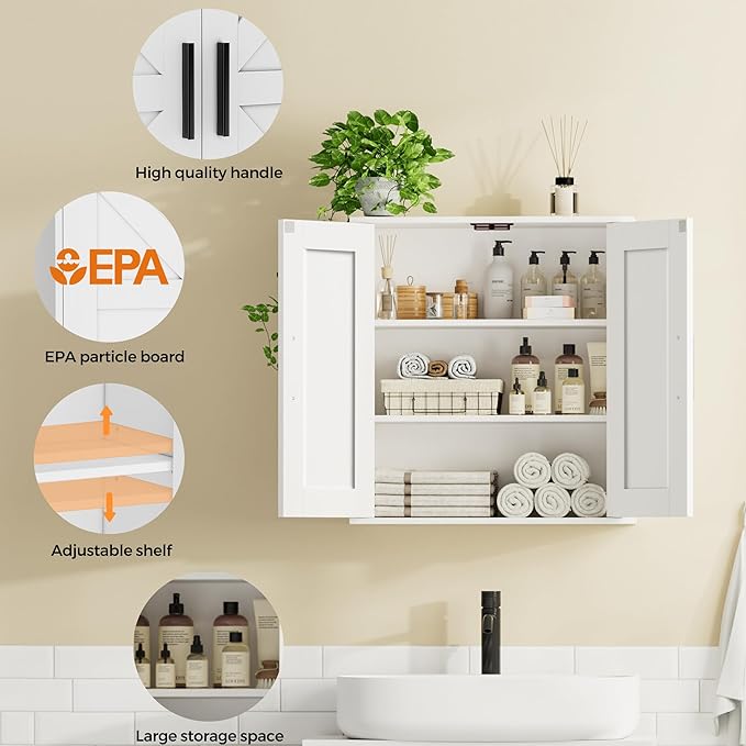 Homleke Bathroom Wall Cabinet, Medicine Cabinet with Adjustable Shelves | 3-Tier Wall Mounted Over Toilet Storage with Barn Doors, for Bathroom, Kitchen, Entryway, Laundry Room, White, (7.9" D) - Image 4