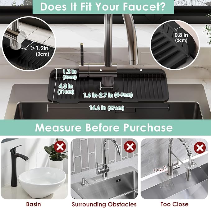 14.6-Inch Silicone Faucet Mat for Kitchen Sink Splash Guard, 7° Slope | 14.6"x5.5" water draining mat with fasten button; 1.6-2.75" customizable hole for bathroom, RV & kitchen sink drip catcher. - Image 2