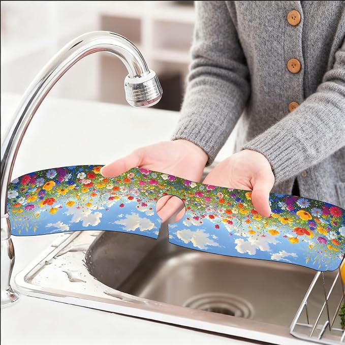 2 Pcs Kitchen Sink Splash Guard Faucet Mat Oil Painting of a Flower Bush Faucet Mat for Sinks Absorbing Drying Mats for Kitchen Bathroom, 23.6x5.5inch - Image 6