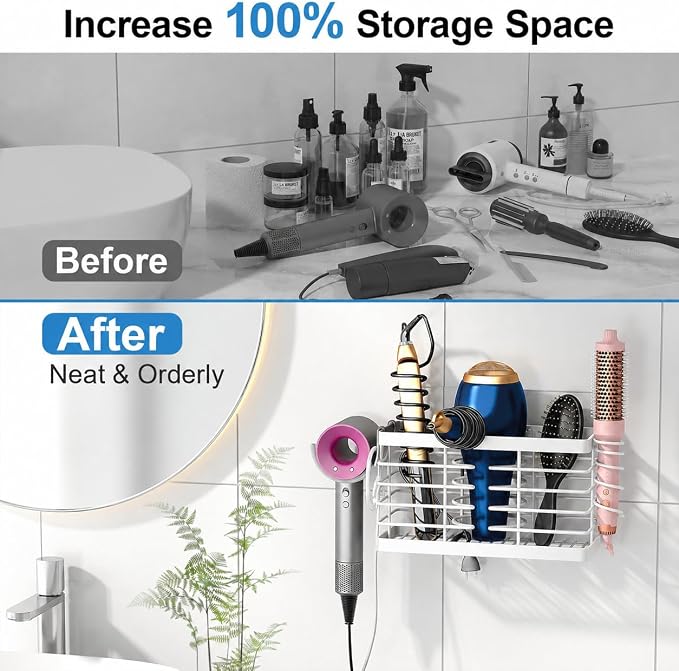 2026 Upgraded 3-in-1 Universal Hair Tool Organizer, XL Size, White | Adjustable Height Metal Hair Dryer Holder, Wall Mounted, Over Cabinet Door, Countertop, Bathroom Storage - Image 3