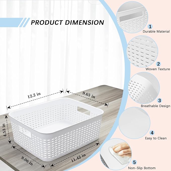 Plastic Storage Baskets for Cabinets, Household Pantry Organization with Handle,Organizer Bins for Room,Bathrooms,Under-Sink,Kitchen (White, M-3PACK) - Image 2