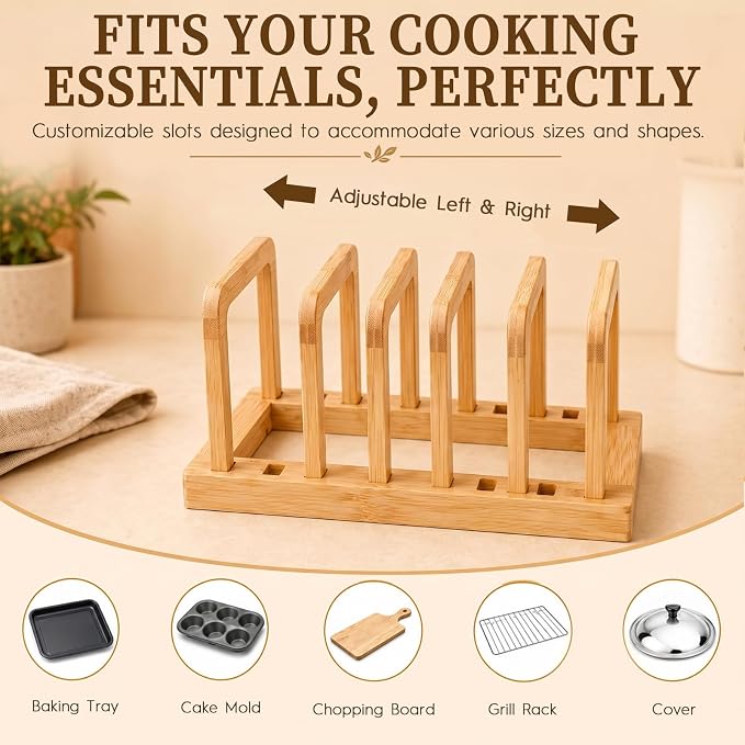 5-Slot Adjustable Cutting Board Rack,Bamboo Cutting Board Organizer Stand Holder,Chopping Board Holder,Pot Pan Lid Rack kitchen Shelf Bakeware for Kitchen Storage - Image 3