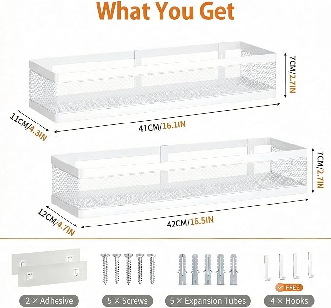 PUSDON 16.5-Inch Extra Long Slim Mesh Shower Caddy, Wall Mounted Bathroom Organizer with Adhesive, Heavy Duty Rustproof Shelf for Narrow Kitchen Pantry & RV, Holds 50 LBS 2-Pack - White Netting - Image 3