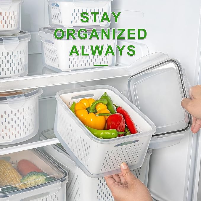 Fruit Storage Containers for Fridge with Removable Colander 6 pcs | Airtight Food Storage Container Dishwasher Safe Produce Saver for Refrigerator Keep Berry Fruit Fresh Longer Large Clear - Image 5