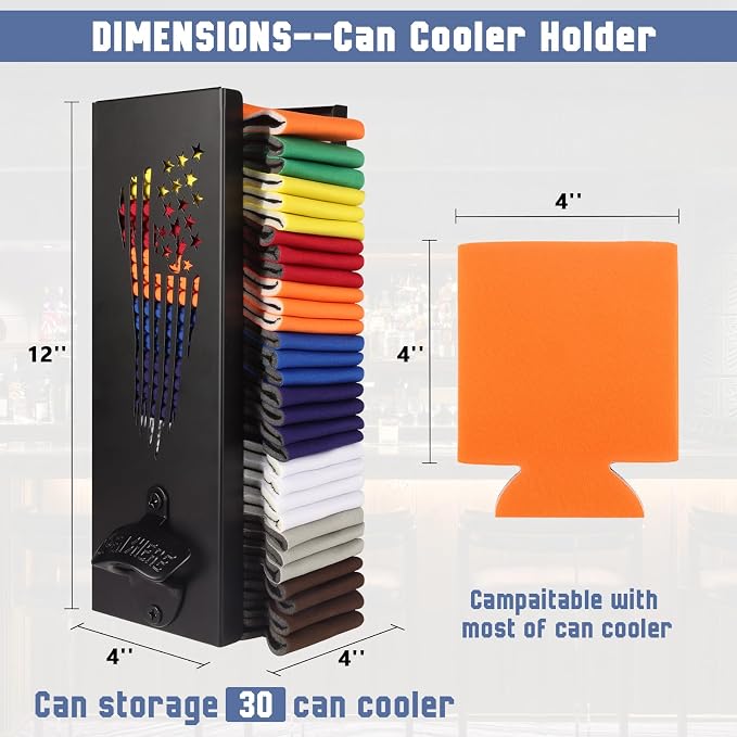 CRAKTH Can Cooler Holder with Bottle Opener, Beer Can Sleeves Organizer | Space-Saving Storage, Metal Wall Mount Dispenser, Holds 30 Standard Can Coolers, Home/Garage Bar, Man Cave, Gift for Dad Men - Image 4