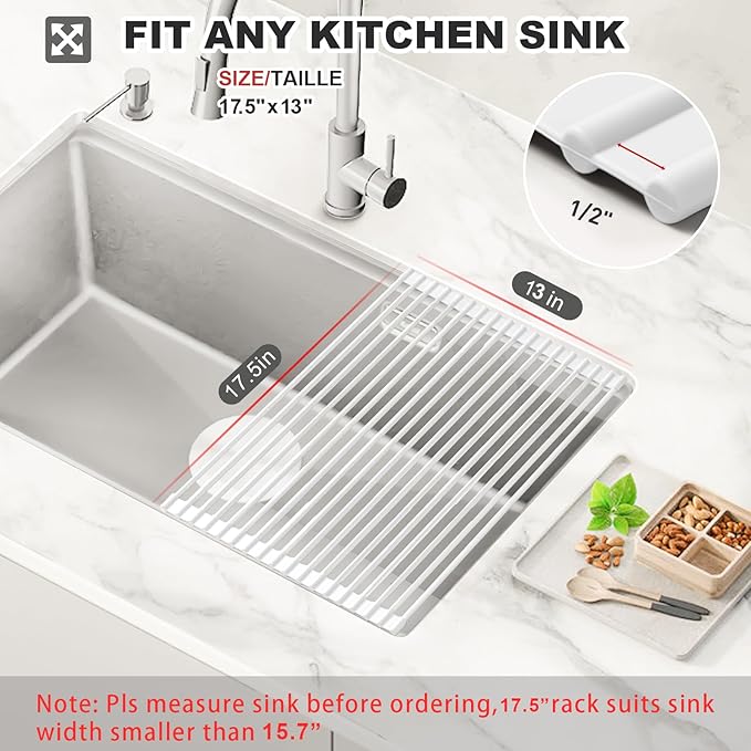 MERRYBOX Roll Up Dish Drying Rack, Silicone Wrapped Over The Sink Dish Rack Foldable Dish Drainer Anti-Slip Dish Racks for Kitchen Sink, Multipurpose Kitchen Sink Drying Rack, 17.5" x 13", White - Image 2