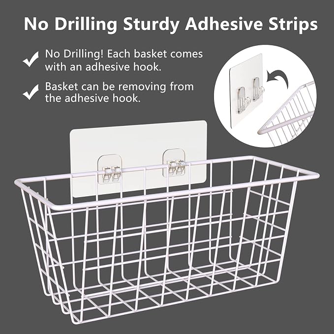 MaraFansie Wall Wire Baskets Bin No Drilling Adhesive Hanging Baskets Wall Mounted for Cabinet & Pantry Organization and Kitchen, Bathroom, Bedroom Storage, 2 Pack, White - Image 6