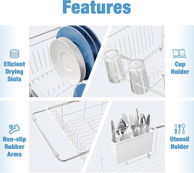 JASIWAY White Dish Drying Rack in Sink, Dish Drainer with Utensil Holder | Over The Sink Expandable Stainless Steel Strainer Dryer Rack for Small Kitchen, Counter Space Saving, Fast Drain, Rustproof - Image 6