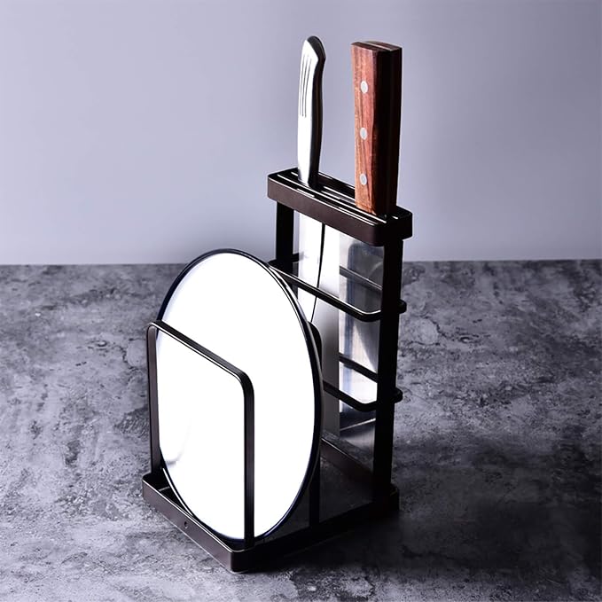 VANRA Metal Steel Cutting Board Holder Knife Block Kitchen Organizer Pantry Bakeware Rack Pan Pot Cover Lid Rack Stand (Bronze) - Image 5